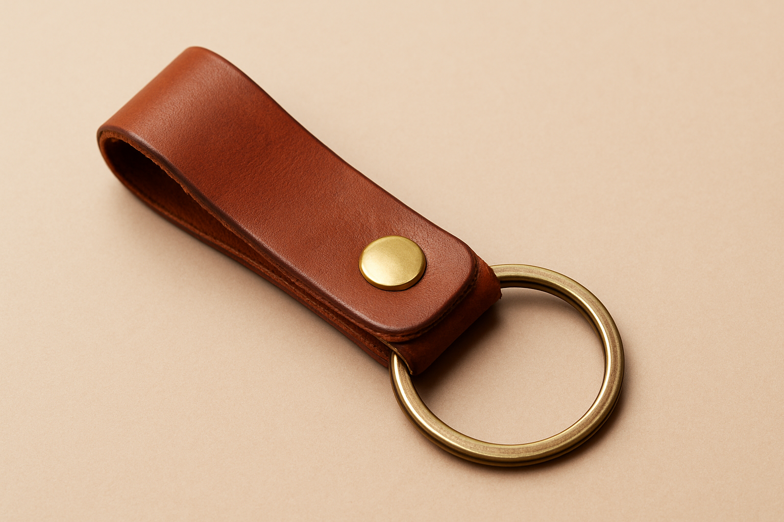 A brown leather keychain with a bronze ring against a smooth background.