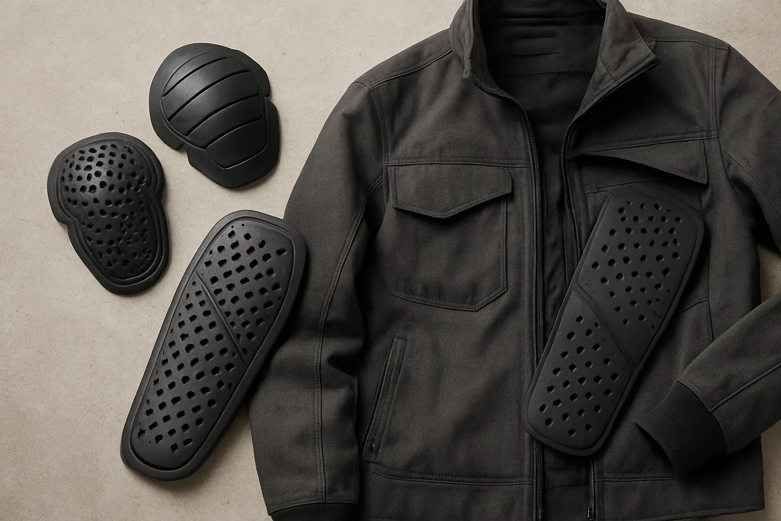 Close-up of removable elbow and back armour protectors for a riding jacket