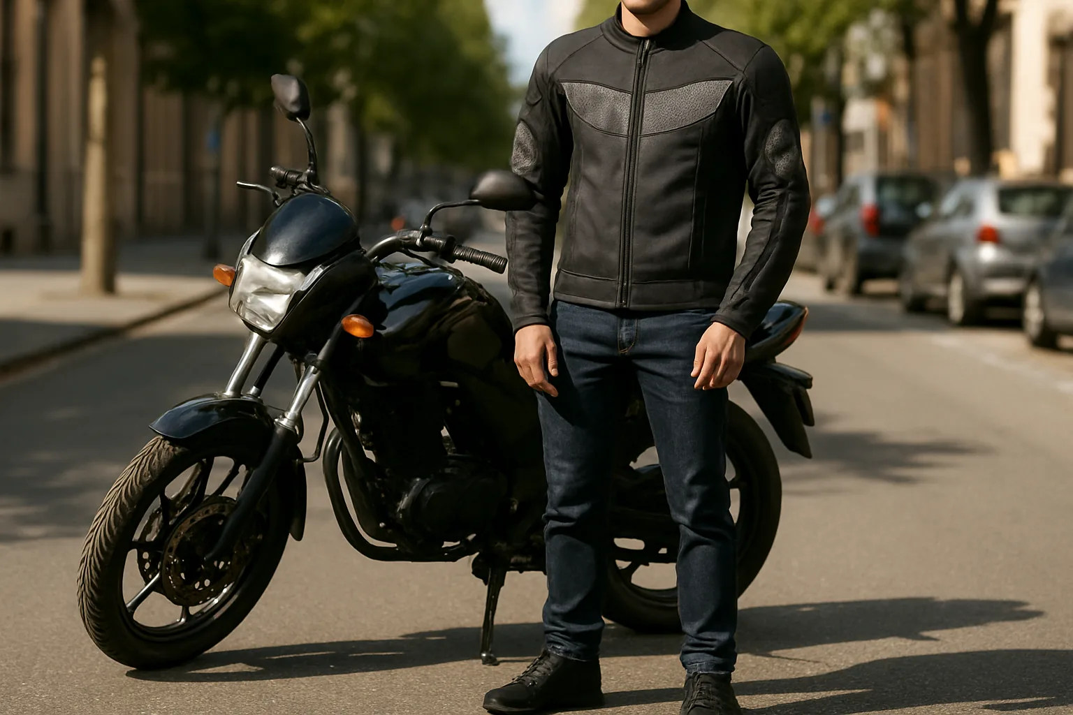 Rider in a ventilated mesh riding jacket on a city street in summer