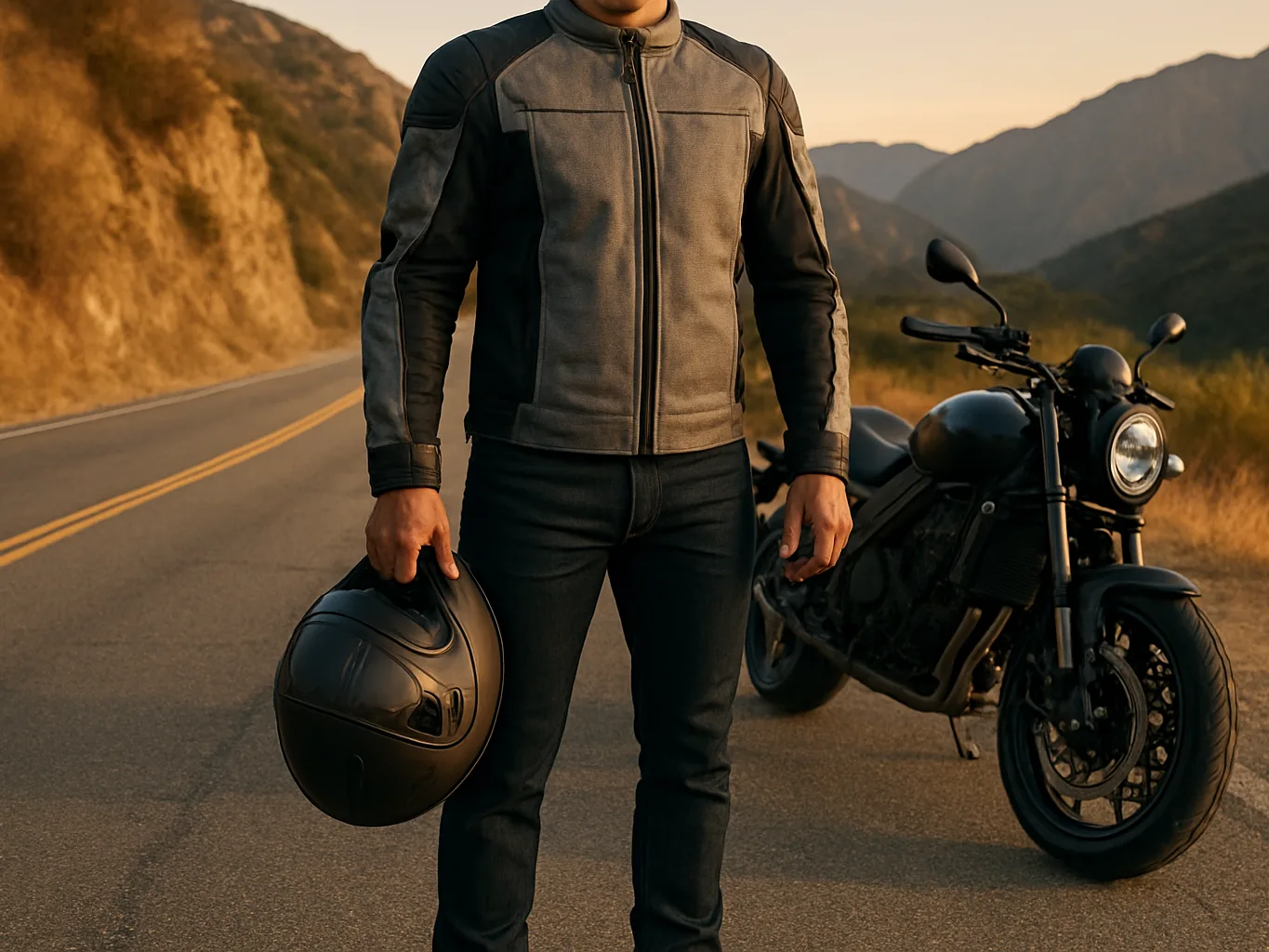 Indian rider in a grey and black textile riding jacket with armour beside a motorcycle