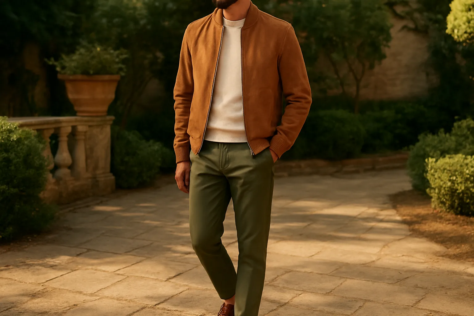 Man wearing a tan suede bomber jacket with a cream knit and chinos