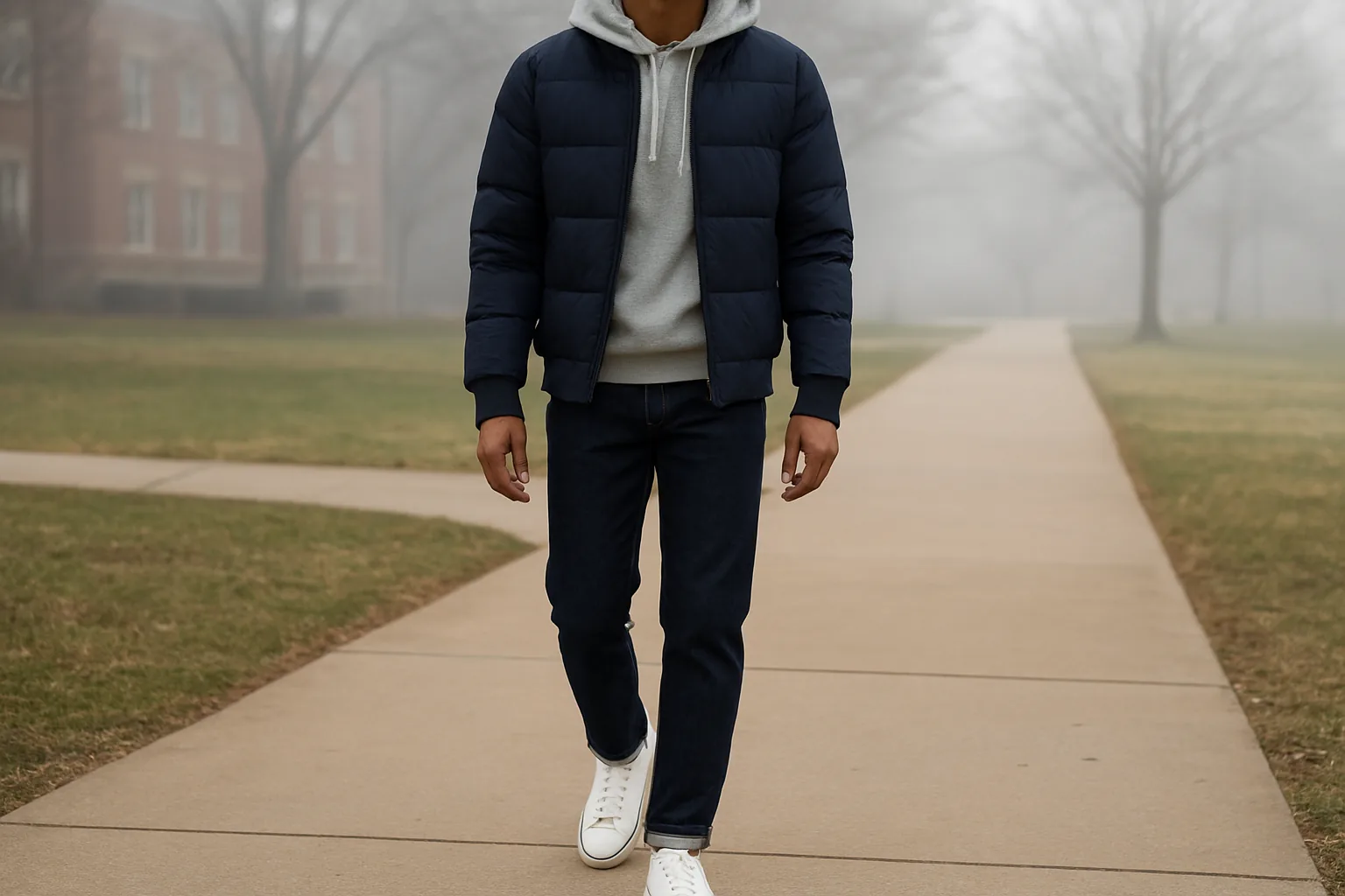 Man in a navy bomber jacket layered over a grey hoodie for a cold day
