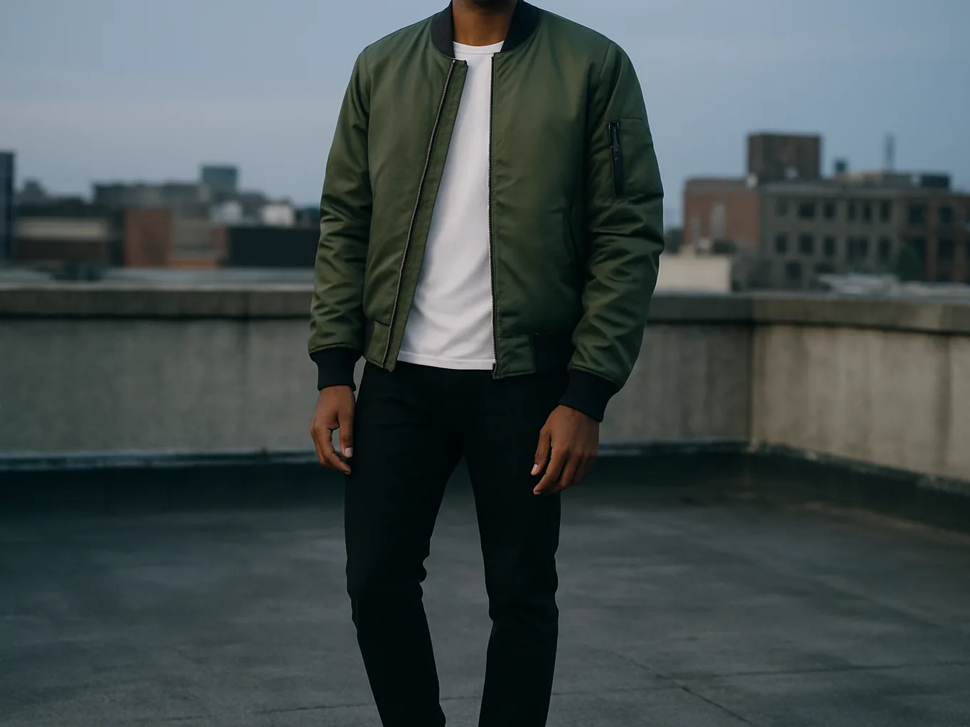 Indian man in an olive nylon bomber jacket over a white T-shirt with black jeans
