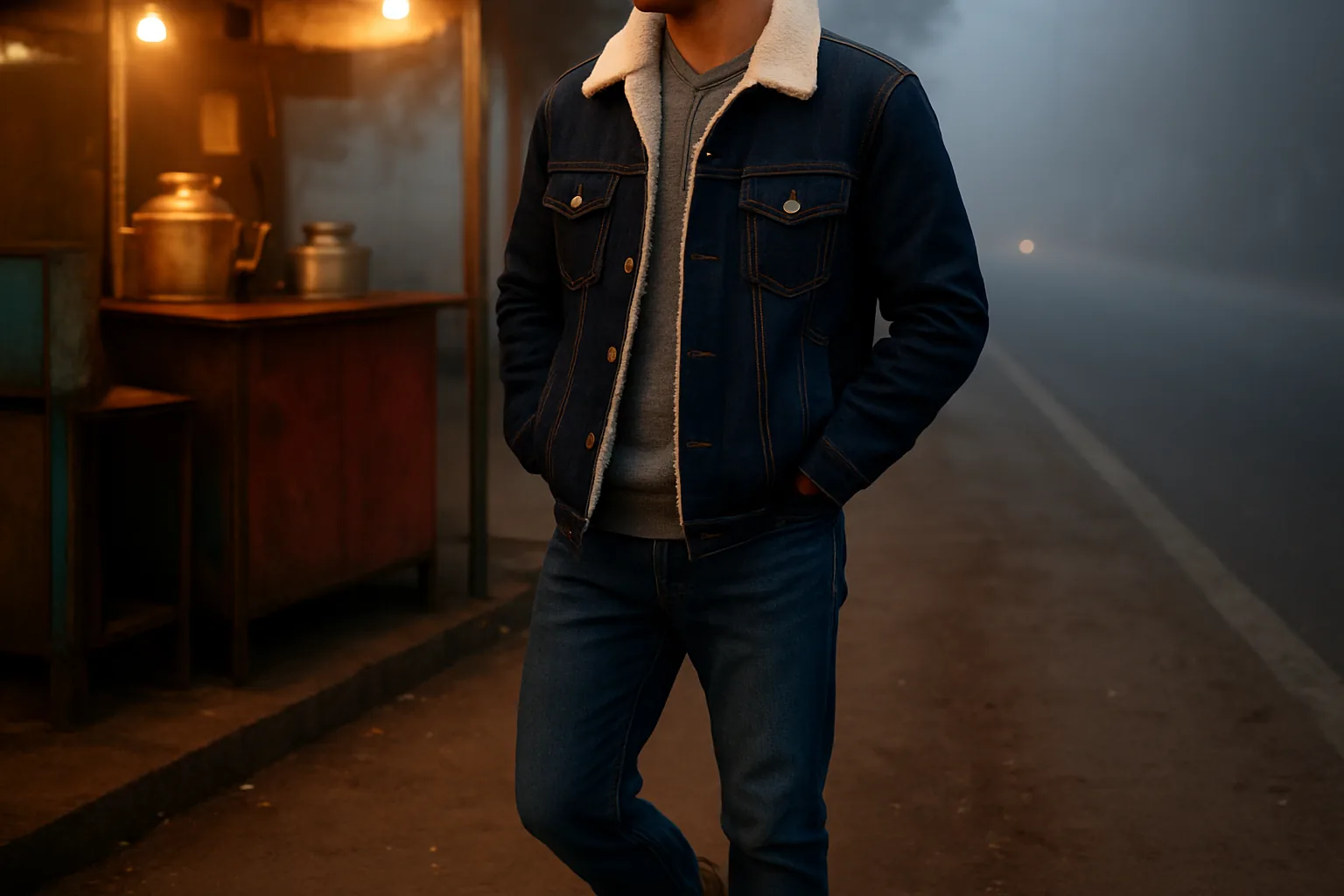 Man wearing a sherpa-lined denim jacket over a grey hoodie on a cold evening
