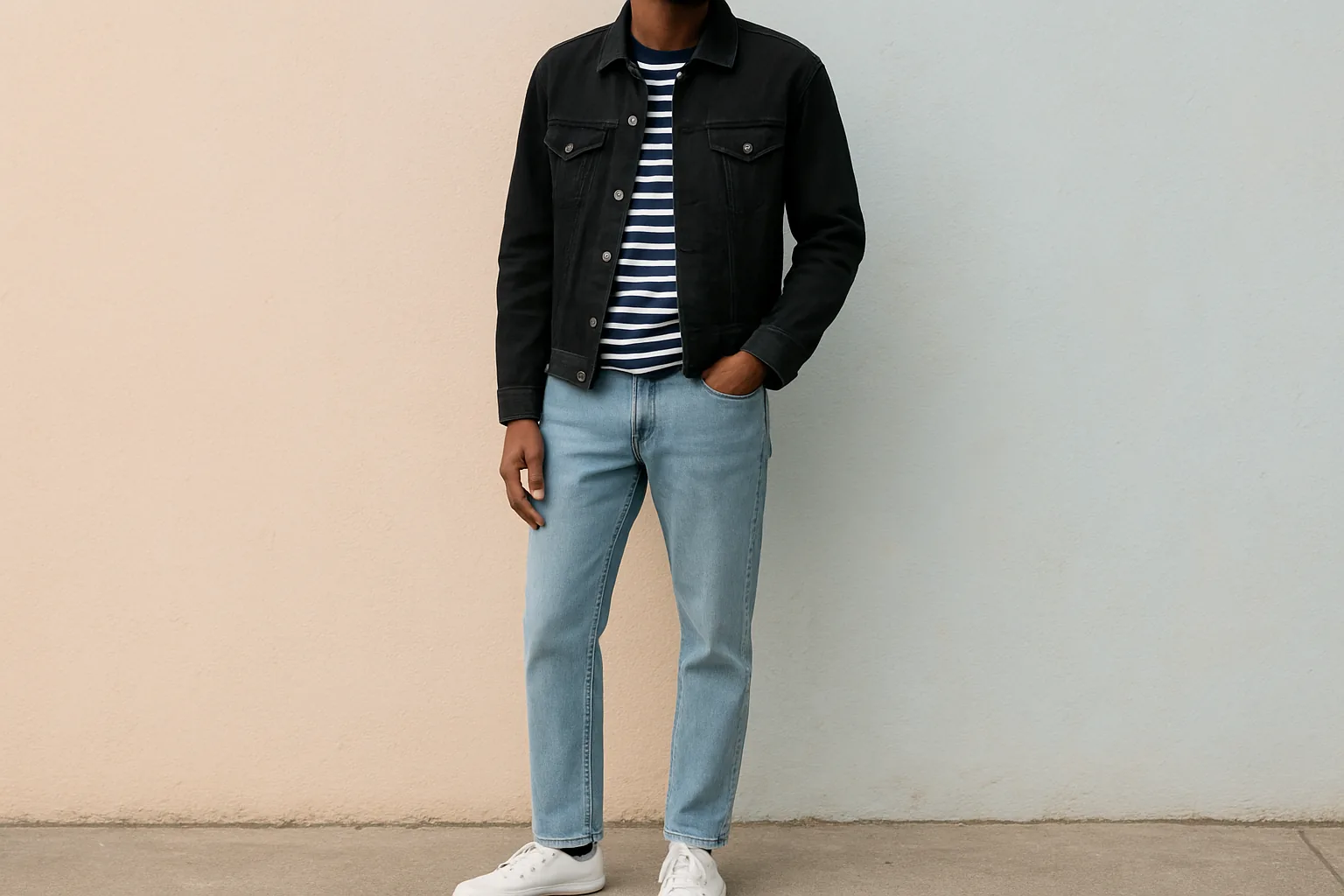 Man in a black denim jacket with light blue jeans and a striped T-shirt