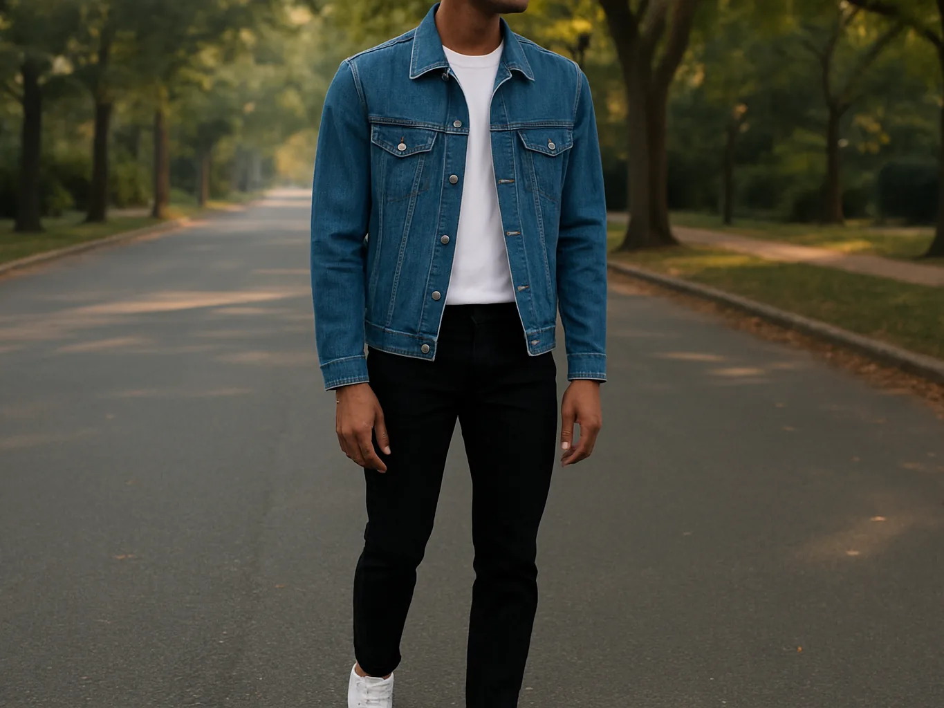 Indian man in a mid-blue denim trucker jacket, white T-shirt and black jeans on a city street