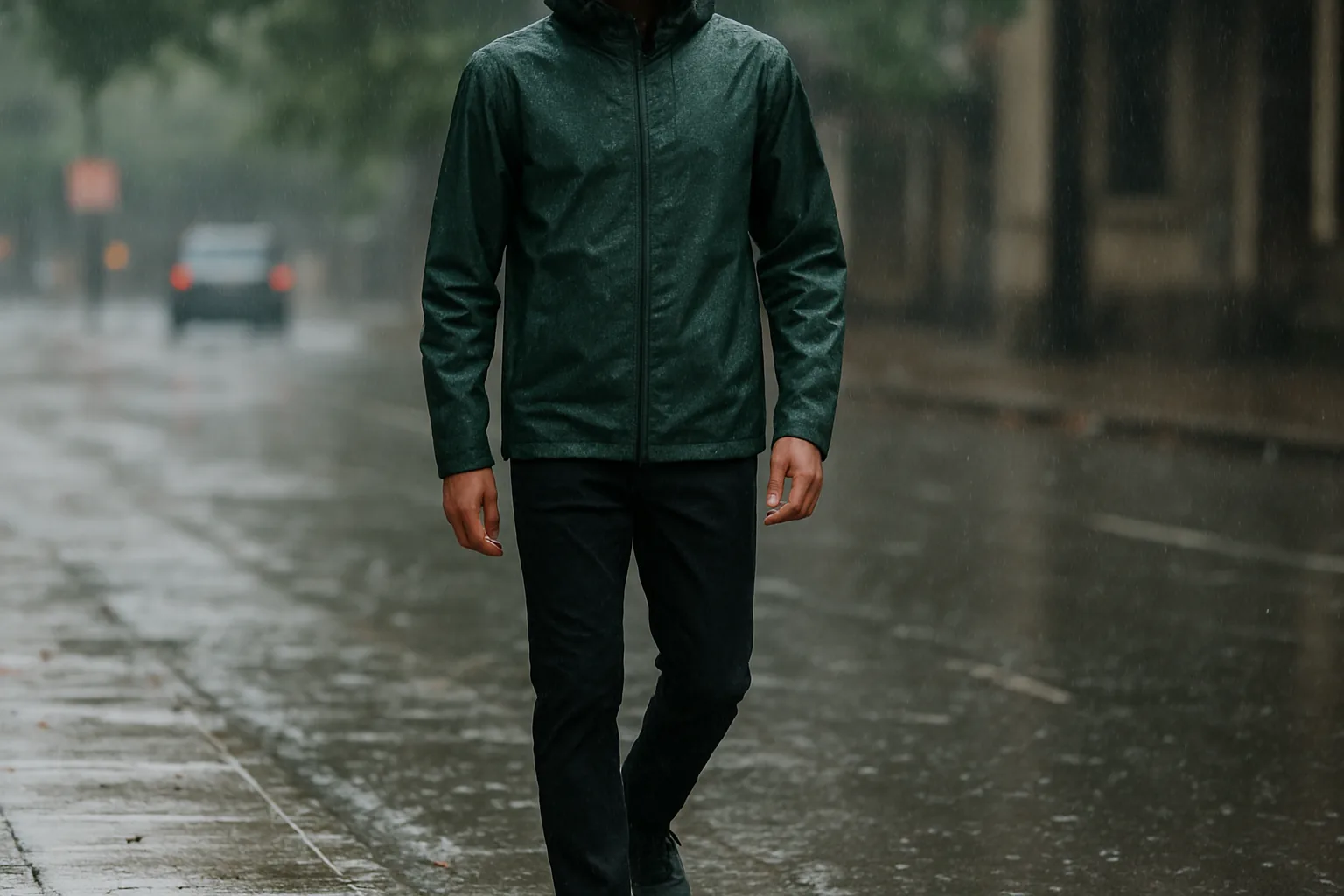 Man in a hooded waterproof rain jacket on a wet city street during the monsoon
