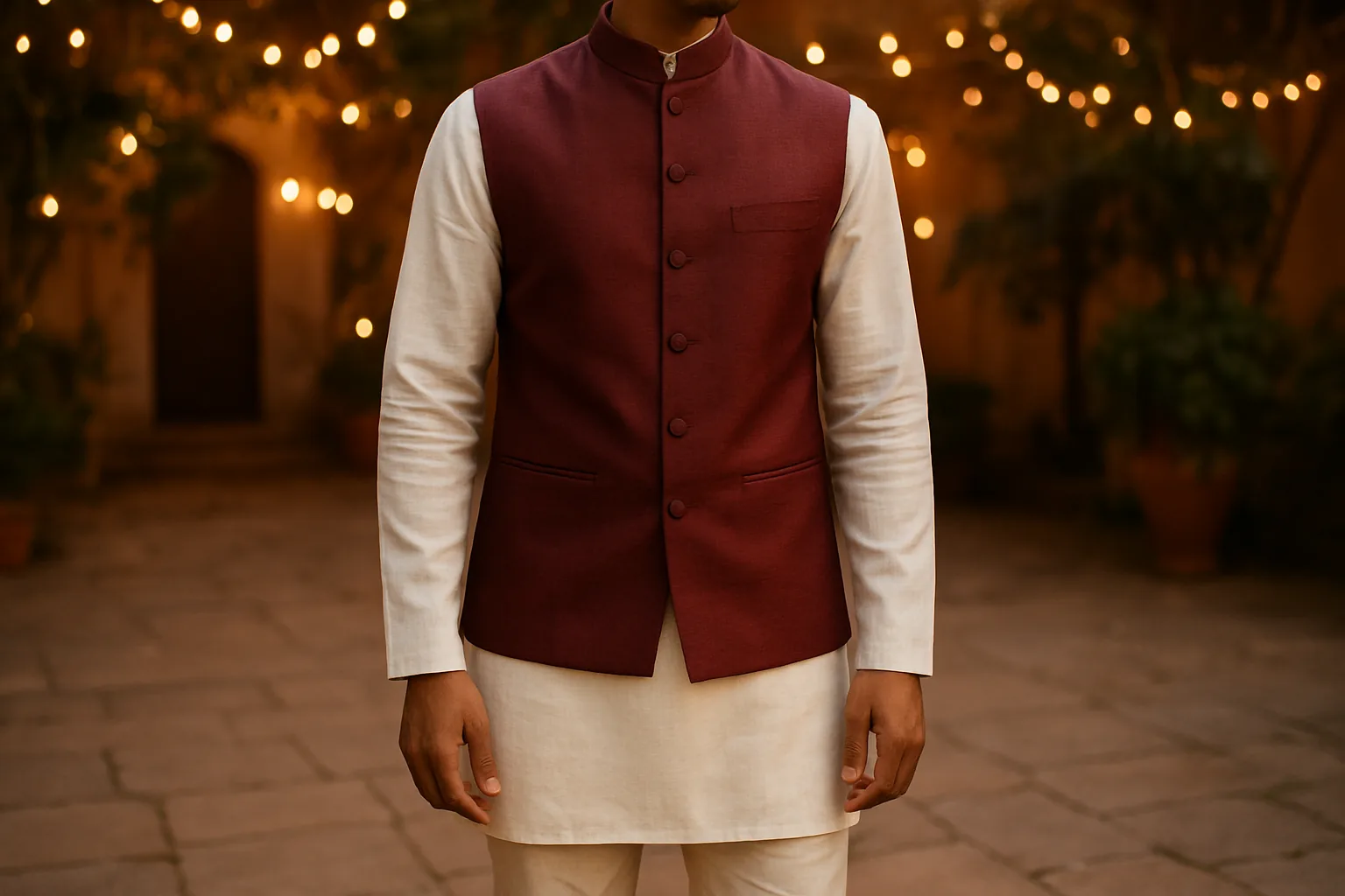 Man wearing an ivory kurta with a maroon Nehru jacket at a festive evening function