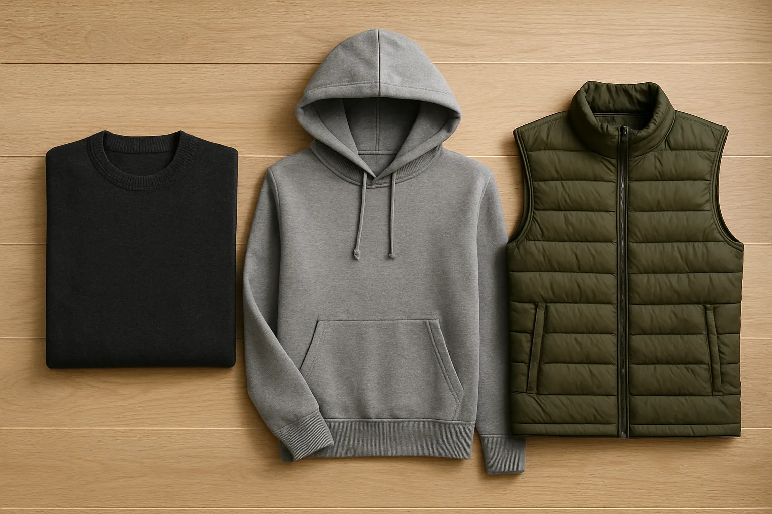 Flat lay of a wool sweater, grey hoodie and olive gilet for layering under jackets