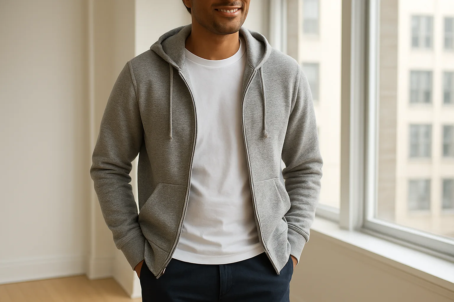 Grey melange full zip hoodie worn open over a white T-shirt