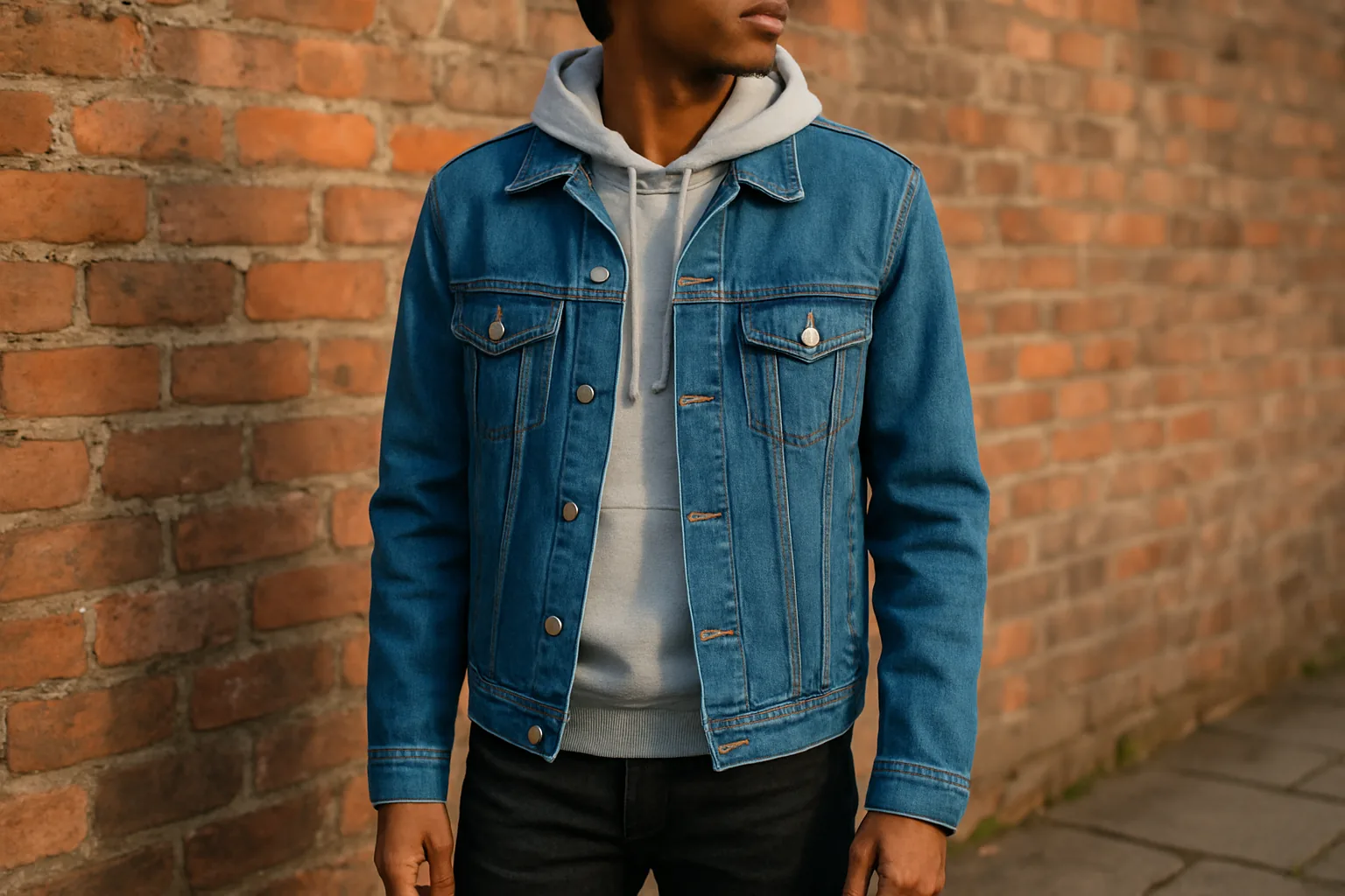 Man layering a grey hoodie under a light blue denim jacket for winter