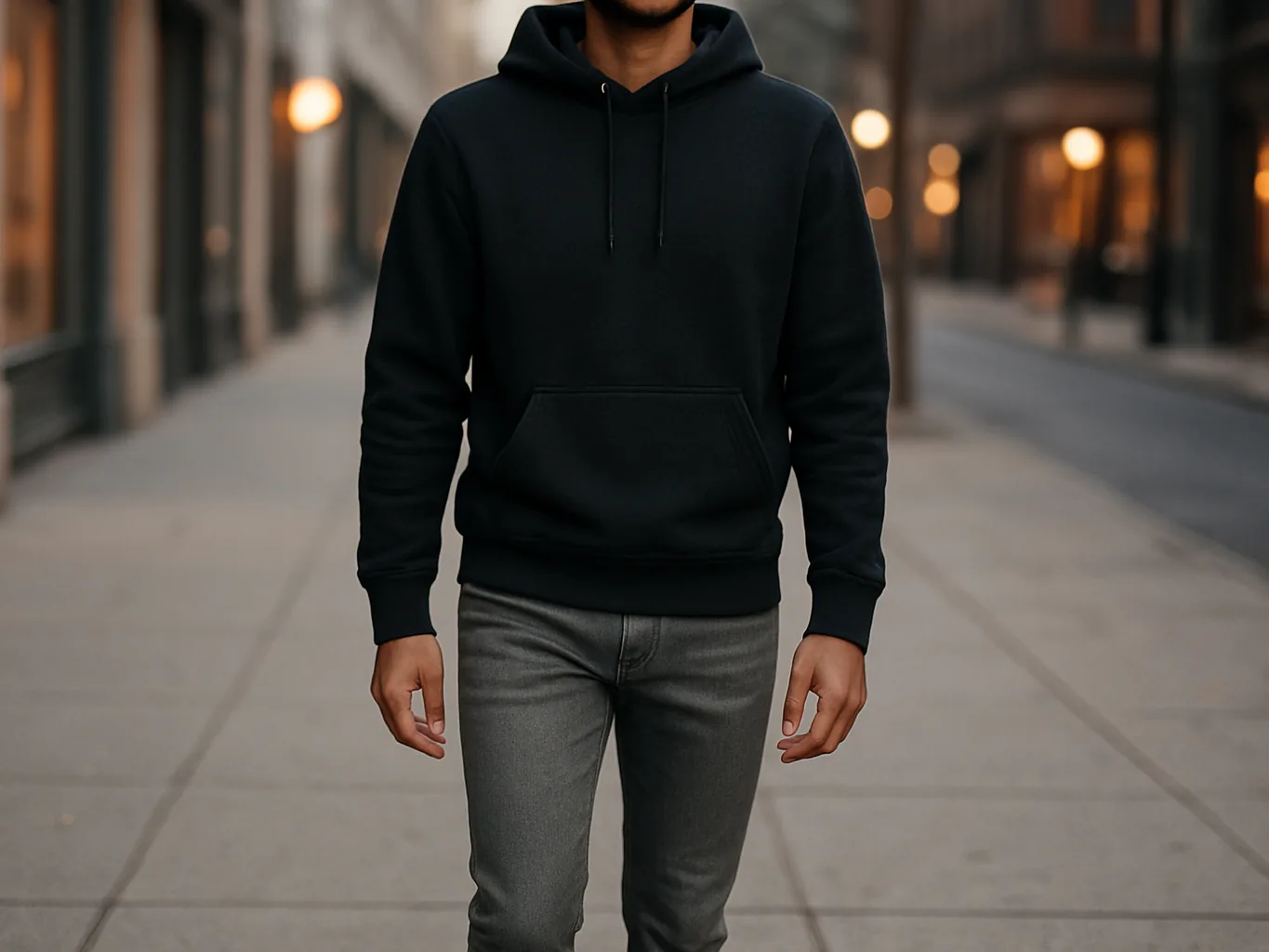 Indian man in a plain black pullover hoodie and grey jeans on a city street