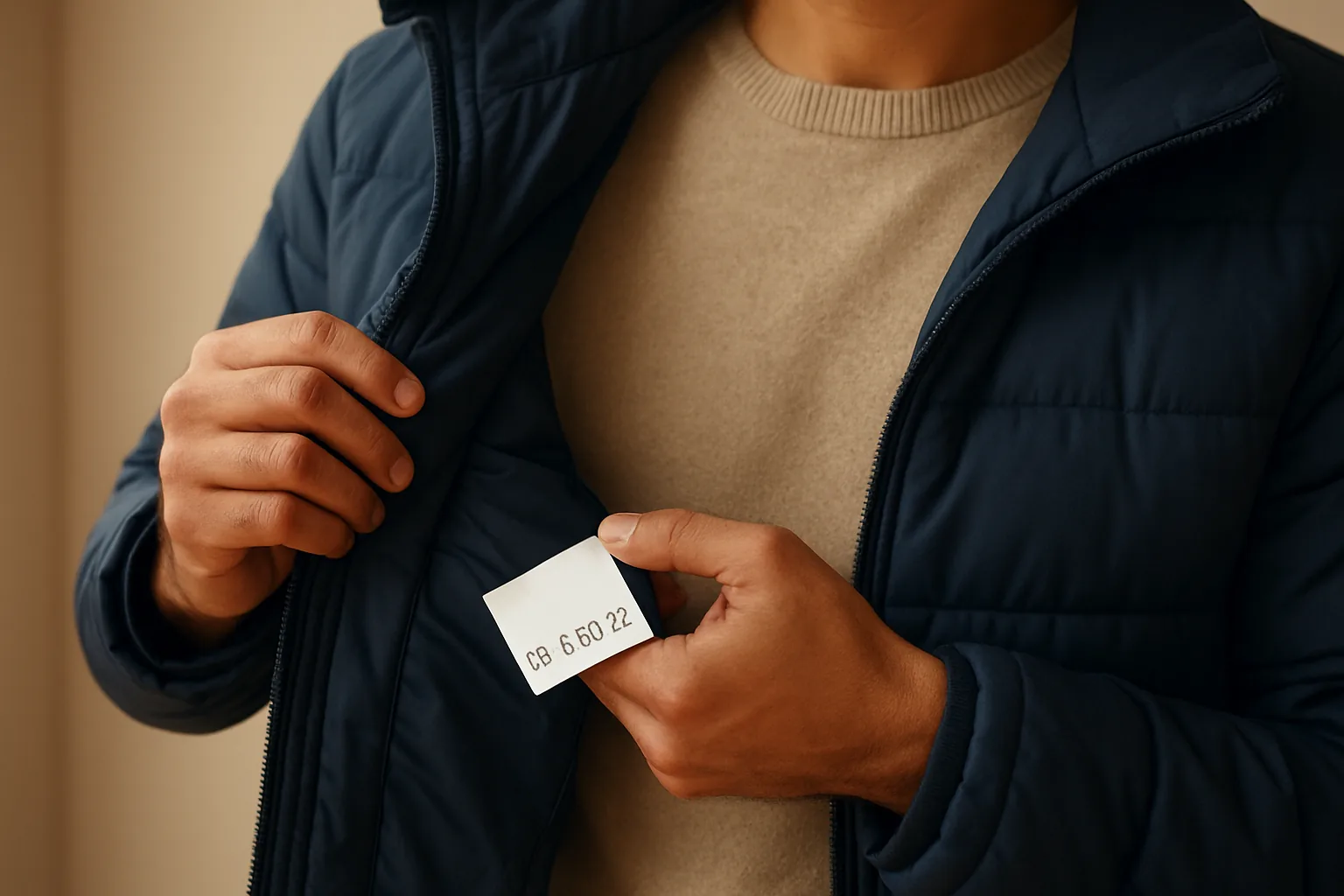 Close-up of hands checking a jacket zip, seams and care label inside a winter jacket