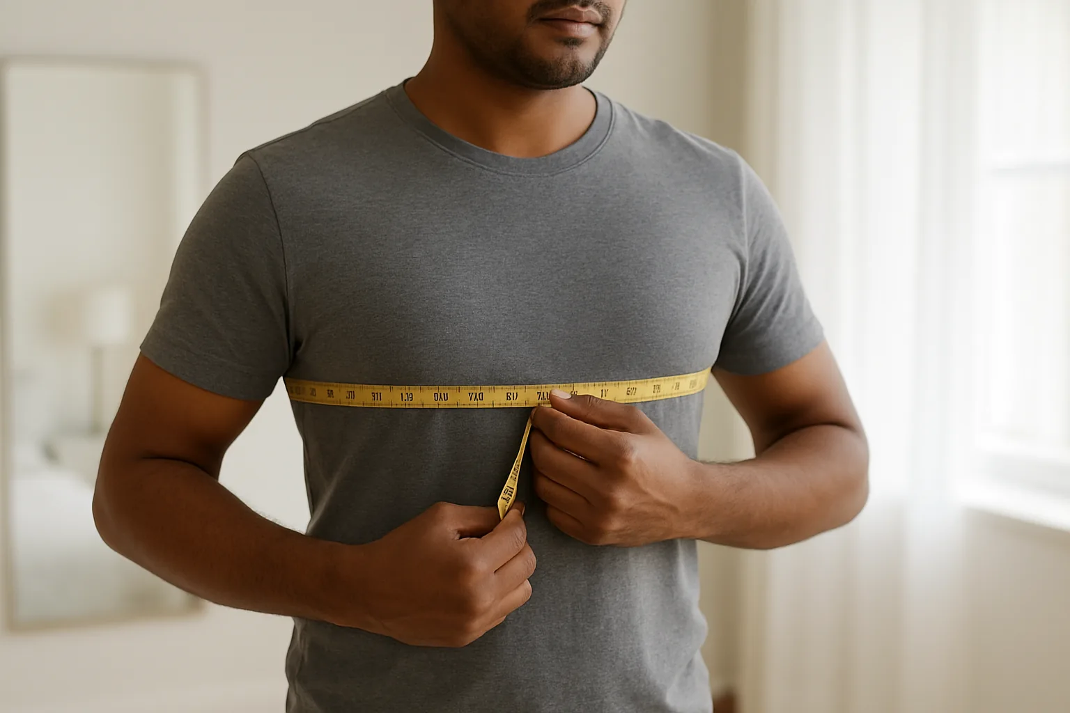 Man measuring his chest with a tape measure to check jacket size charts
