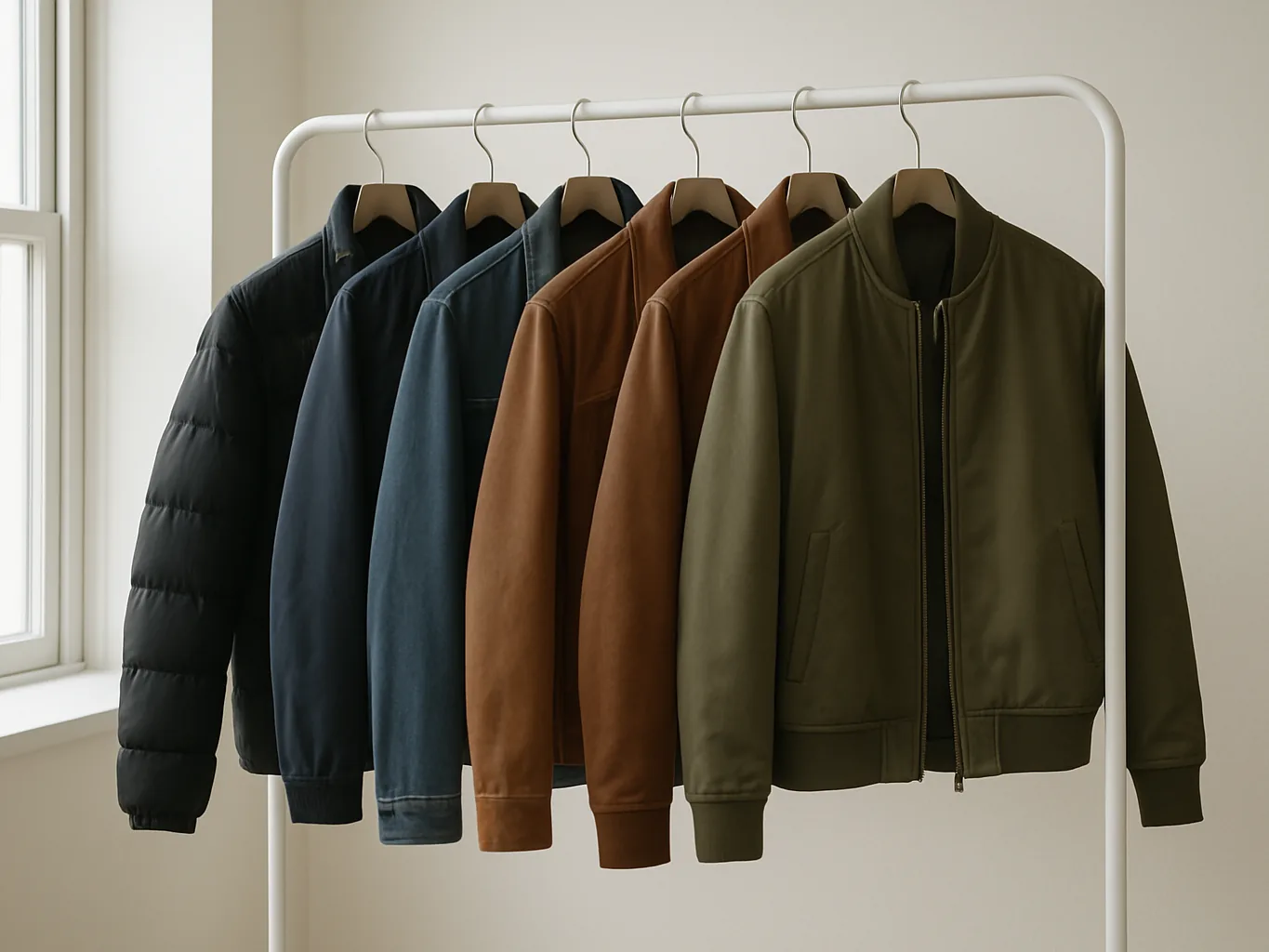Rack of assorted men's jackets in a store, showing puffer, denim and leather styles