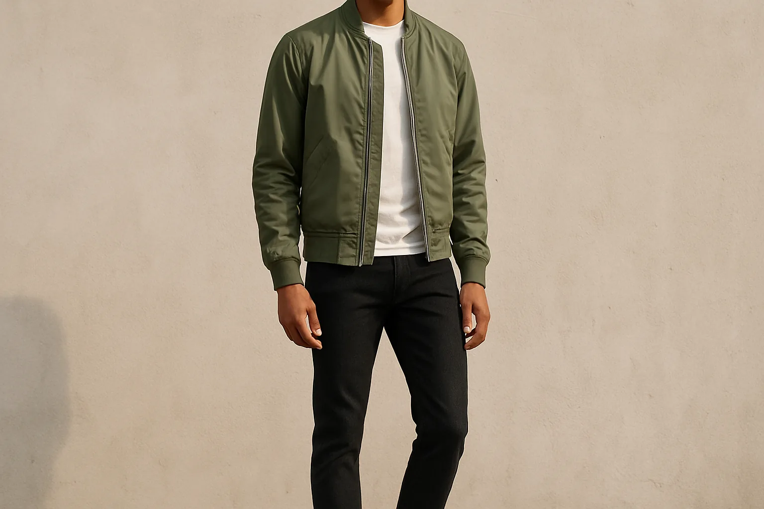 Man in an olive bomber jacket with ribbed cuffs and hem