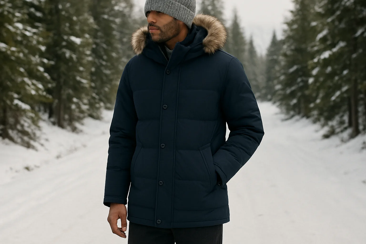 Man in a hooded navy parka on a snowy mountain trail
