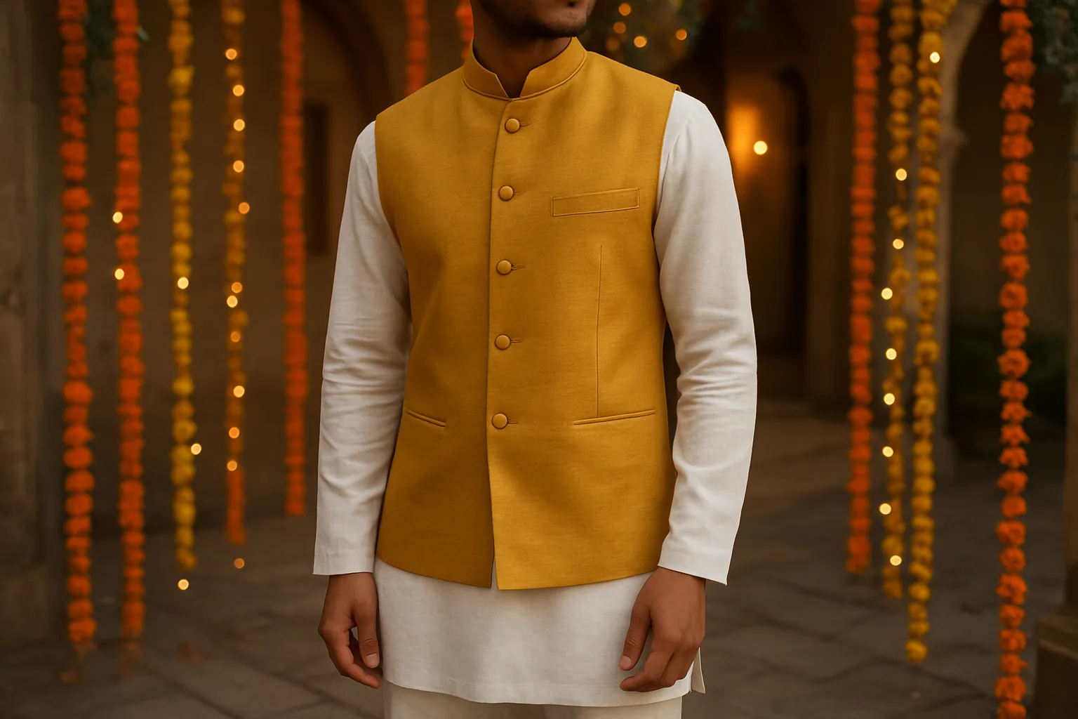 Man in a mustard Nehru jacket over a white kurta at a festive gathering
