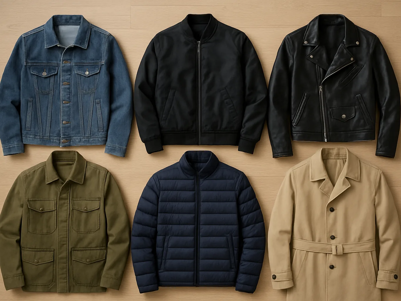 Flat lay of different types of jackets for men including denim, bomber, leather and puffer