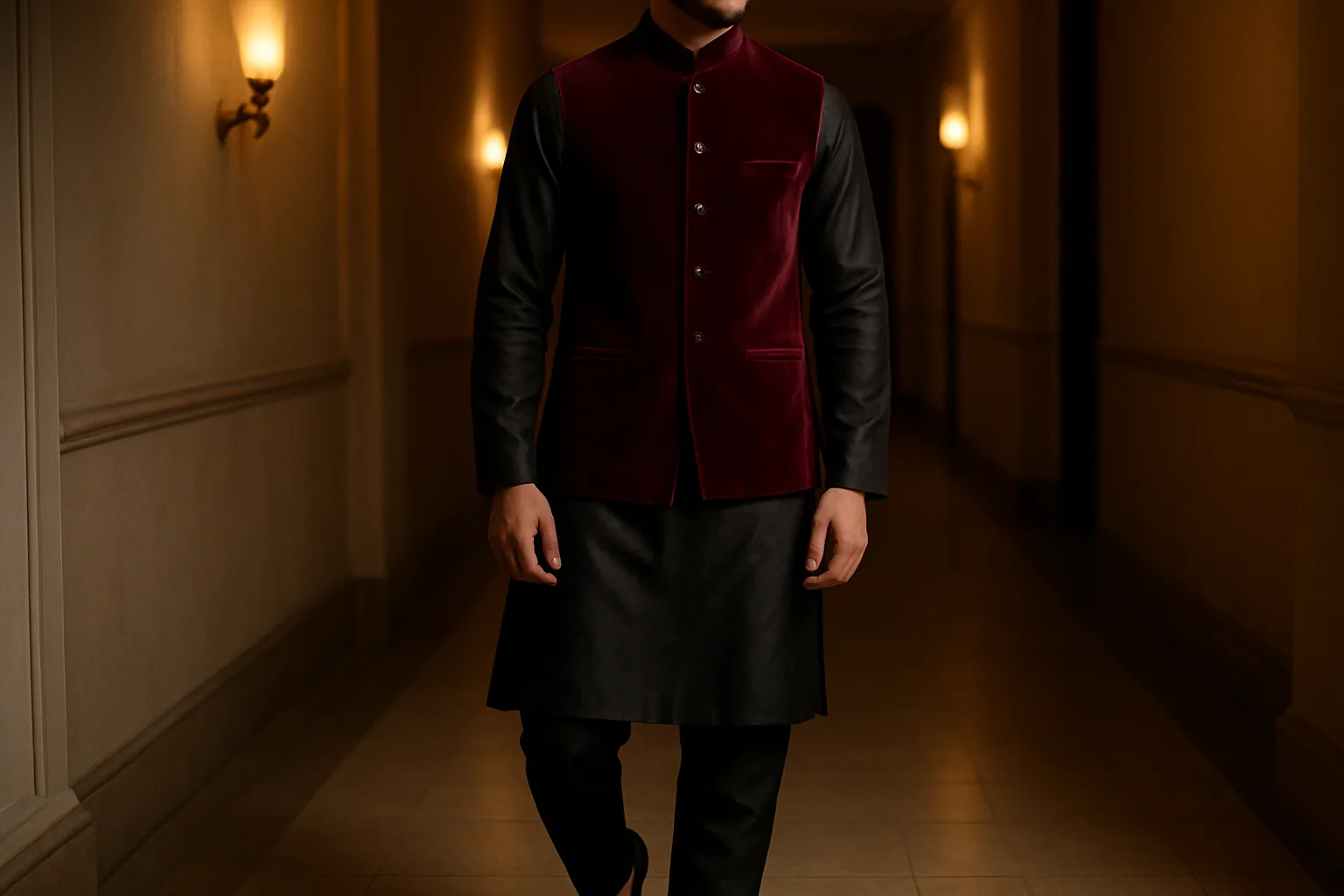 Black kurta pajama with a maroon velvet jacket for an evening function