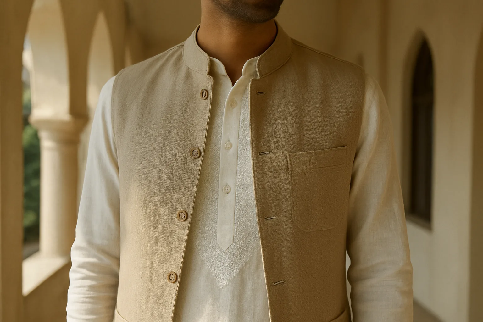 White chikankari kurta paired with a plain beige linen jacket