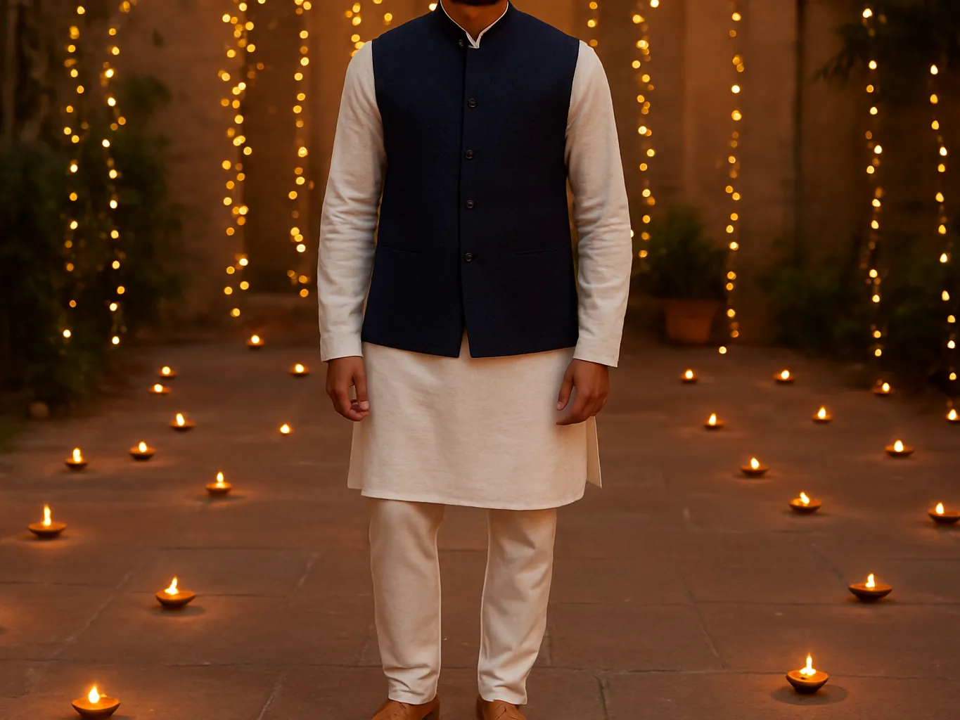 Indian man in a white kurta pajama with a navy Nehru jacket at a festive evening