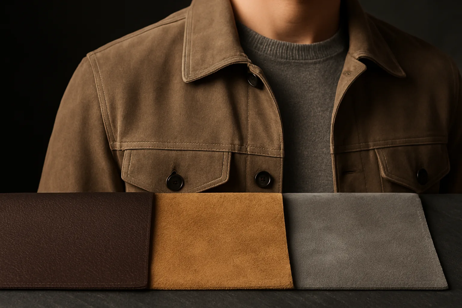 Close-up comparing full grain leather, suede and nubuck swatches for a leather jacket