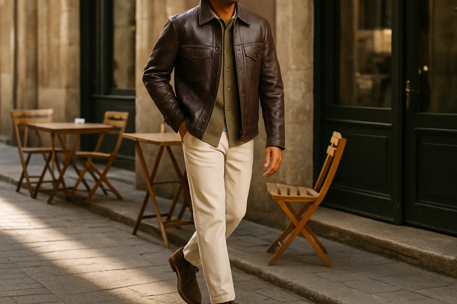 Man in a dark brown leather jacket with an olive overshirt and chinos in daylight