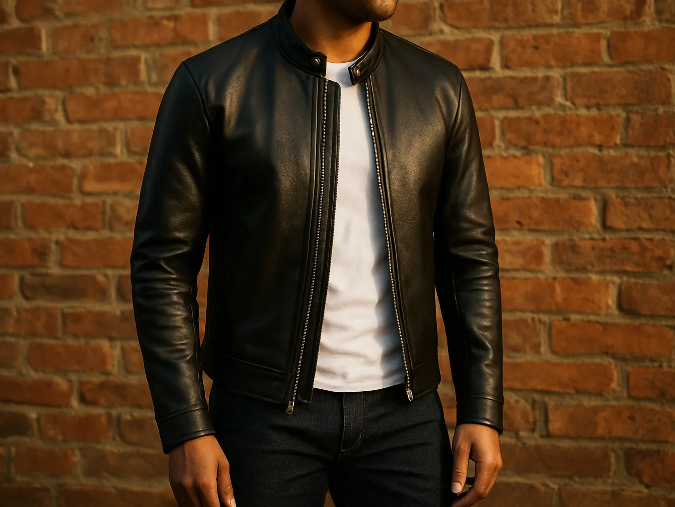 Indian man in a black leather racer jacket with a white T-shirt and dark jeans