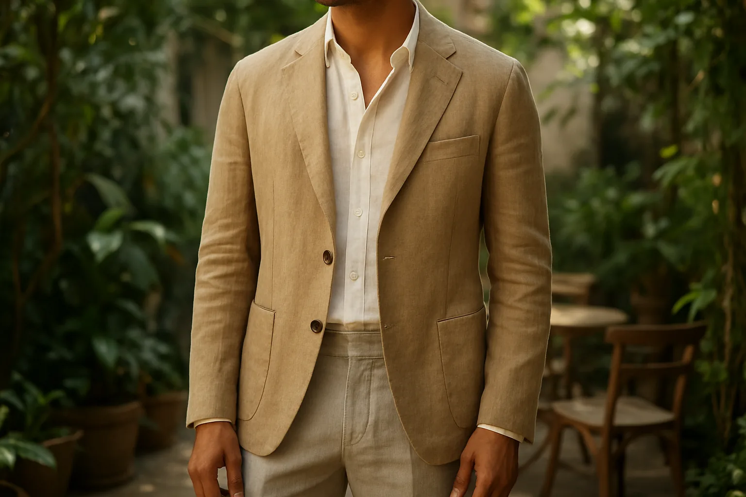 Unstructured sand-coloured linen jacket for men over a white shirt