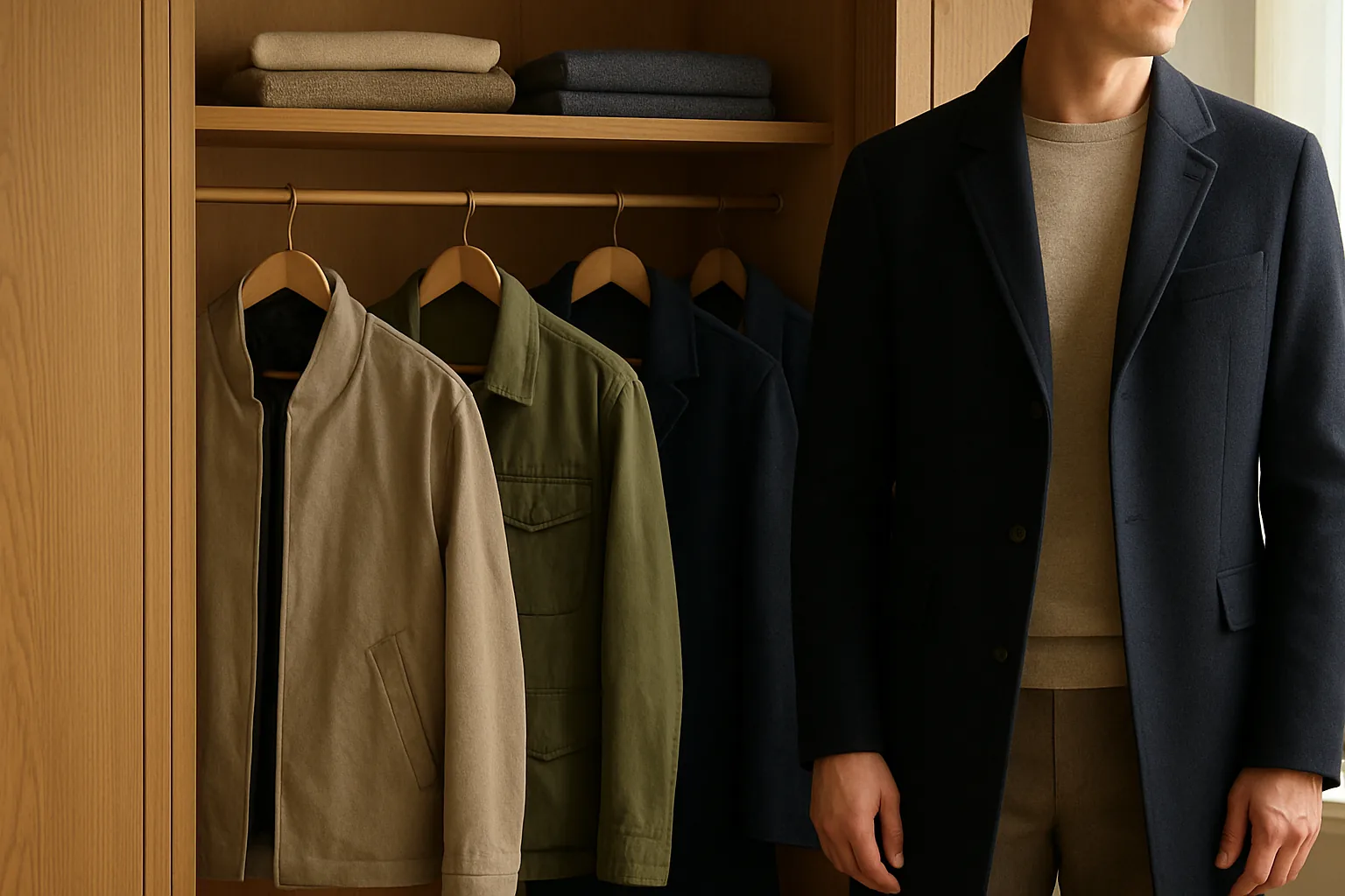 Jackets hanging on broad wooden hangers in a breathable wardrobe for storage