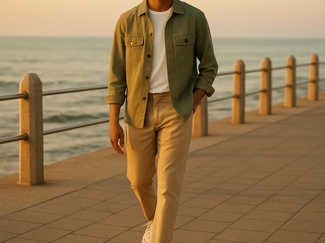 Indian man in a light olive cotton shacket over a white tee on a summer evening
