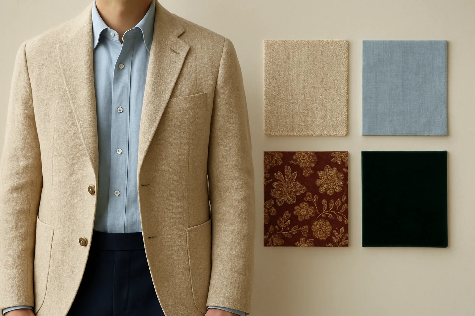 Close-up of half jacket fabrics: khadi, linen, brocade and velvet swatches