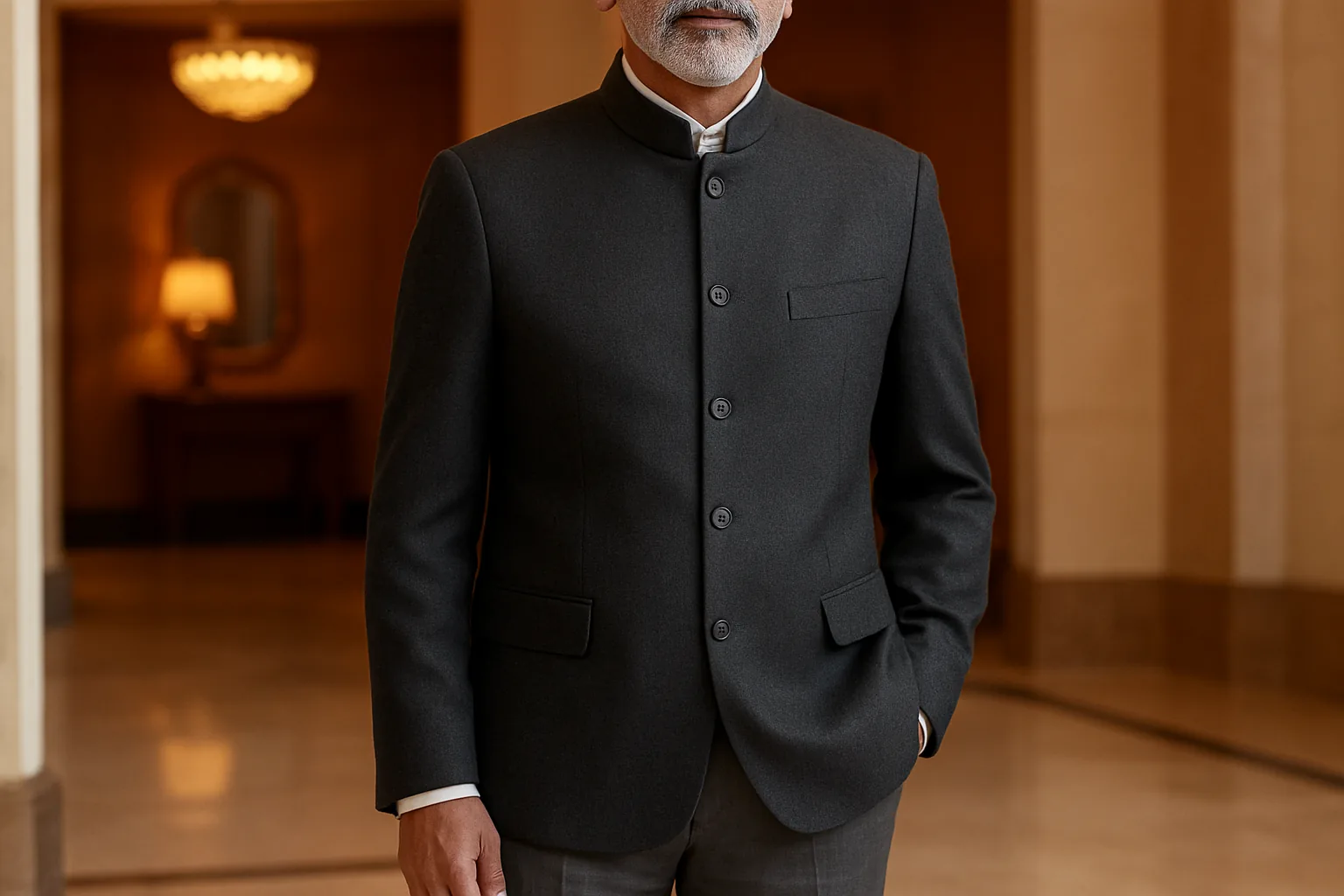 Older Indian man in a grey wool Nehru jacket over a white shirt at a formal event
