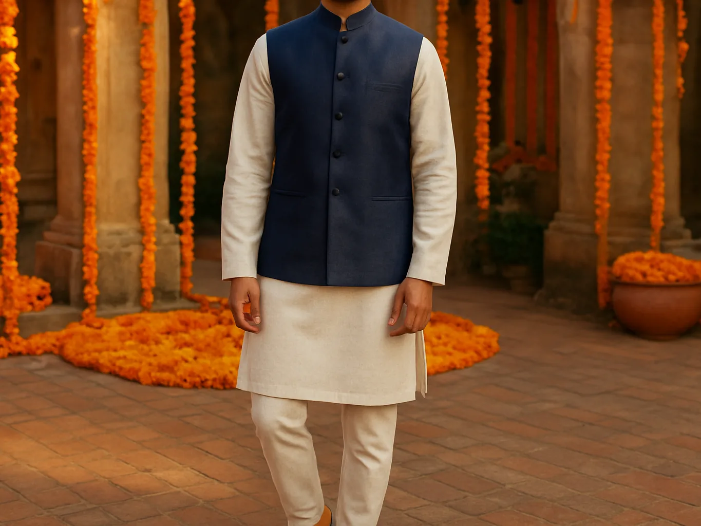 Indian man in a navy Nehru jacket over an ivory kurta at a wedding