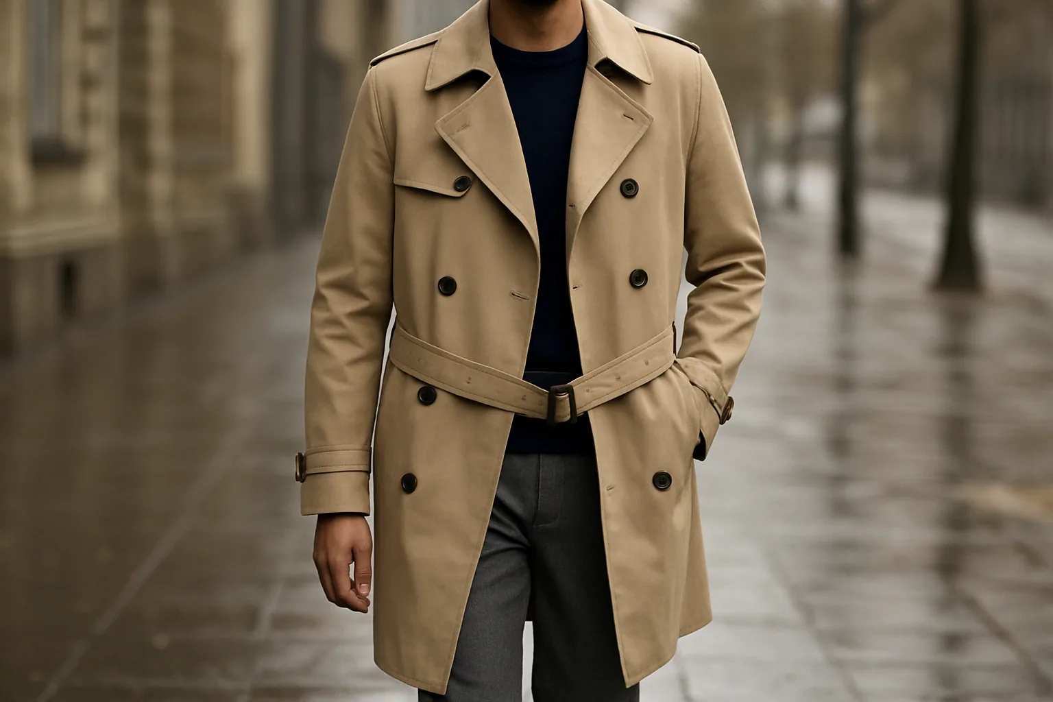 Beige trench coat for men with belt, epaulettes and storm flap