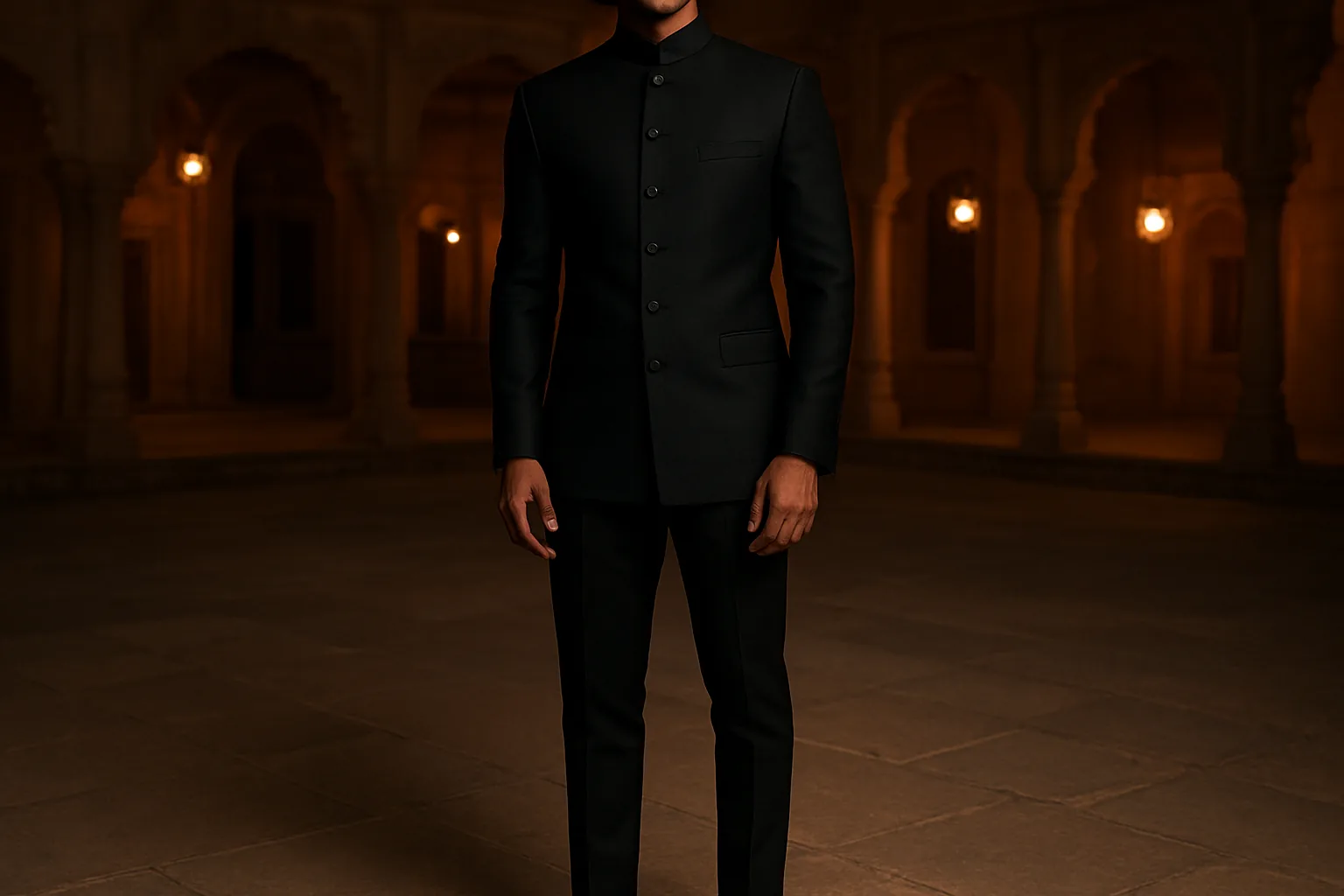 Man in a black bandhgala Jodhpuri coat at a winter wedding