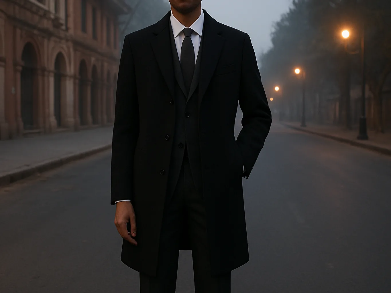 Indian man in a black wool overcoat over a charcoal suit on a winter evening