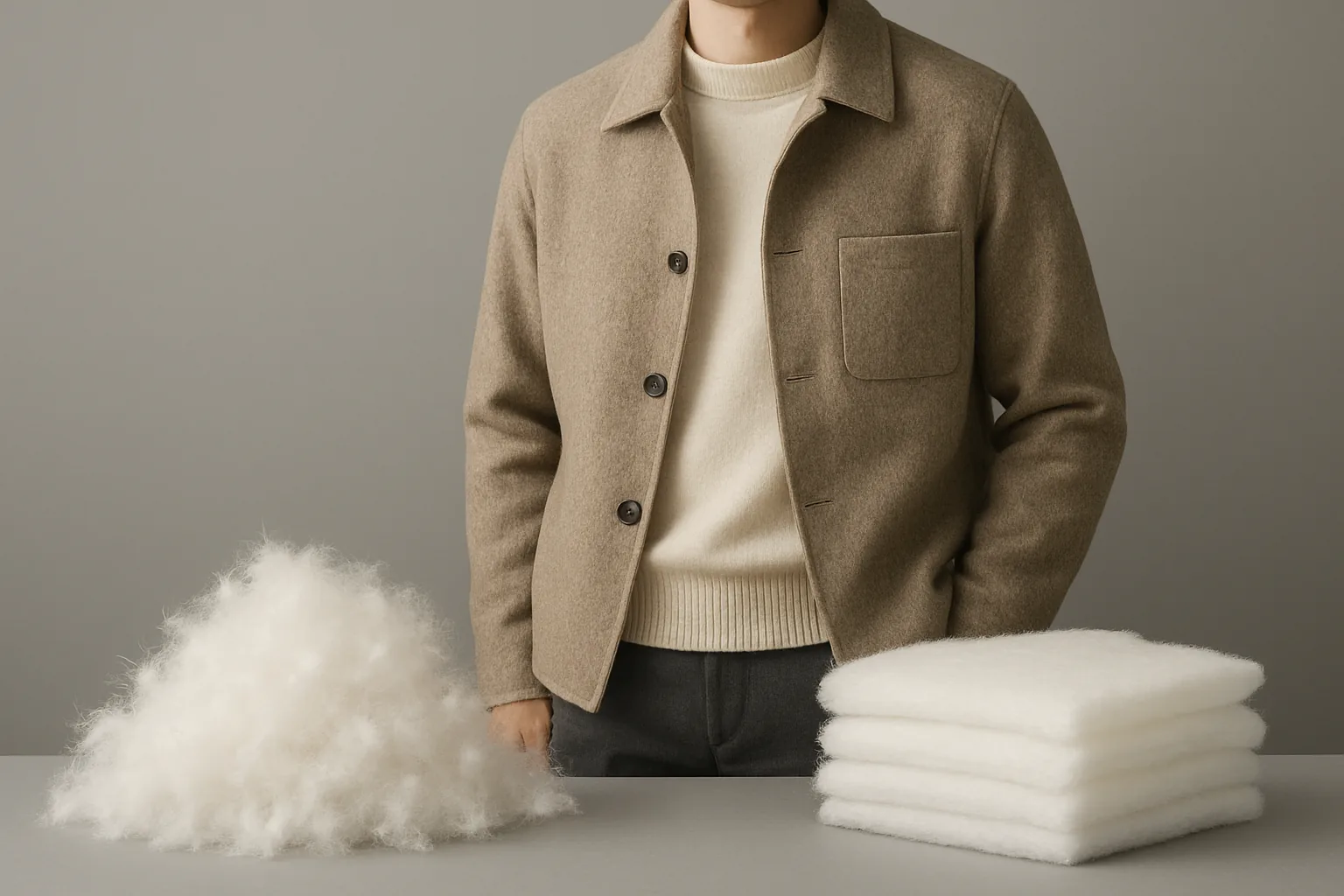 Cross-section close-up of down clusters and synthetic fibre insulation for a puffer jacket