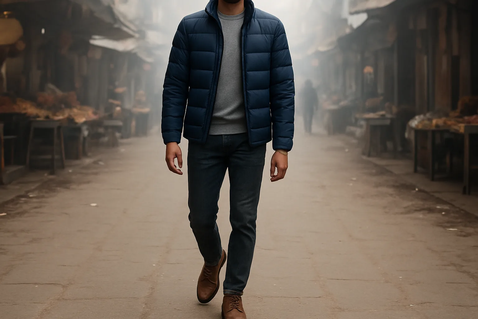 Man wearing a navy puffer jacket with slim jeans and boots on a winter city street