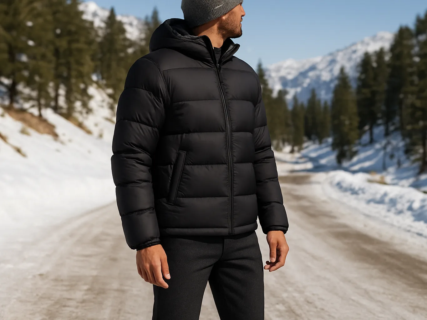 Indian man in a black hooded puffer jacket on a snowy mountain road