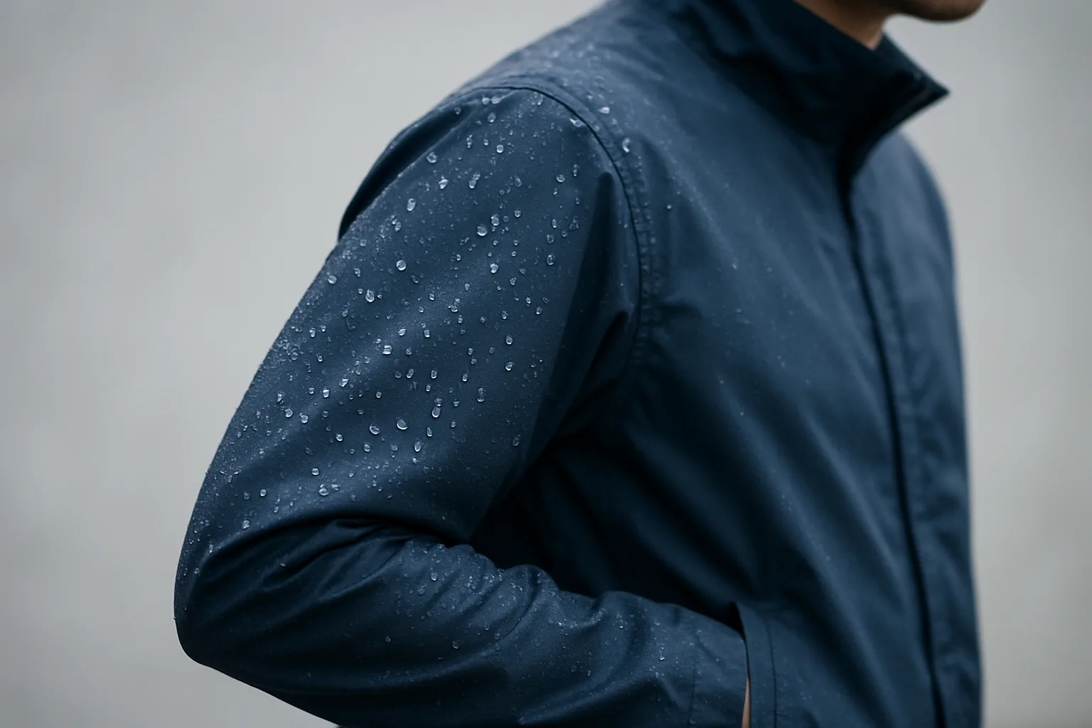 Close-up of raindrops beading on a water-repellent rain jacket sleeve