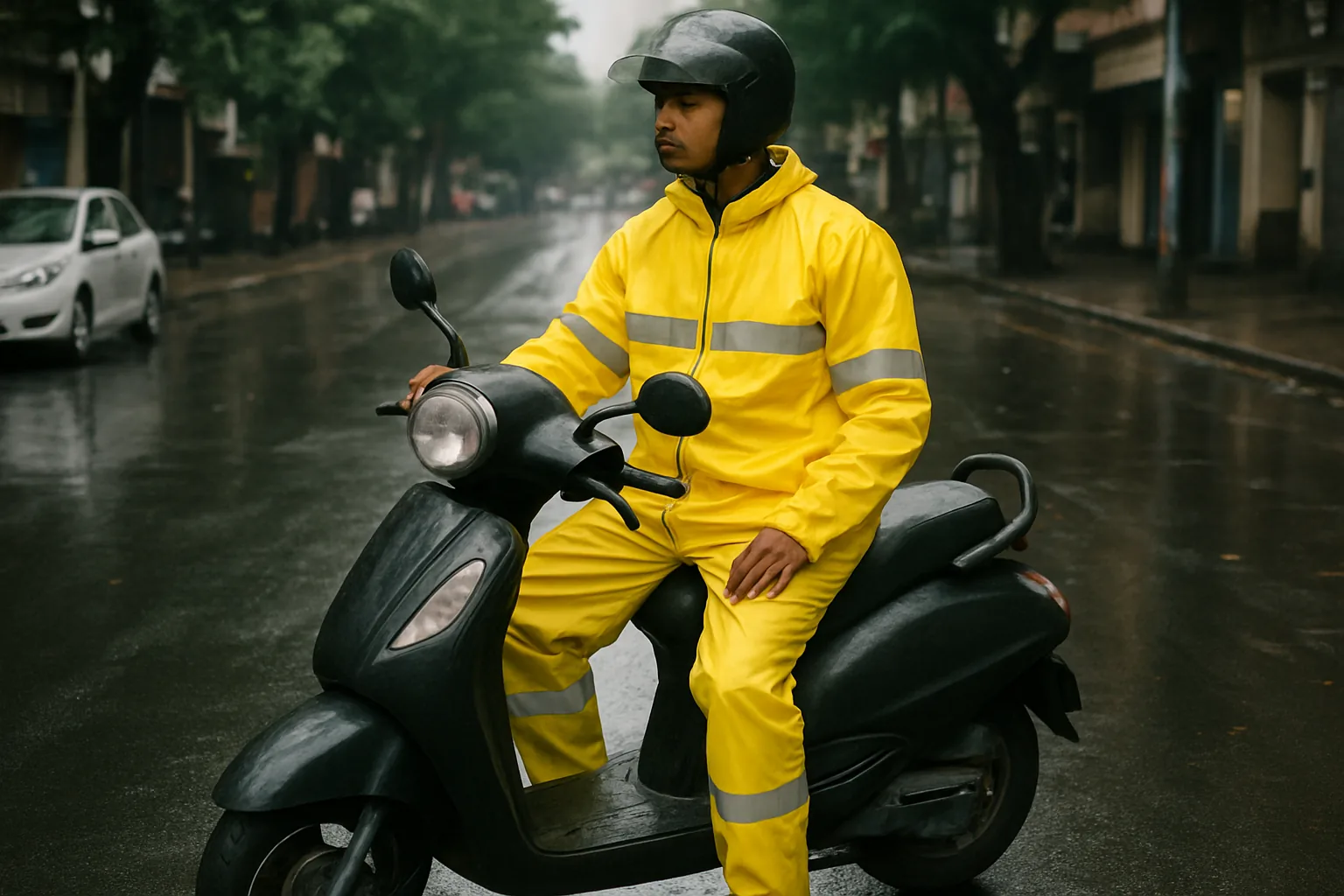 Man on a scooter wearing a two-piece raincoat with pant in the rain