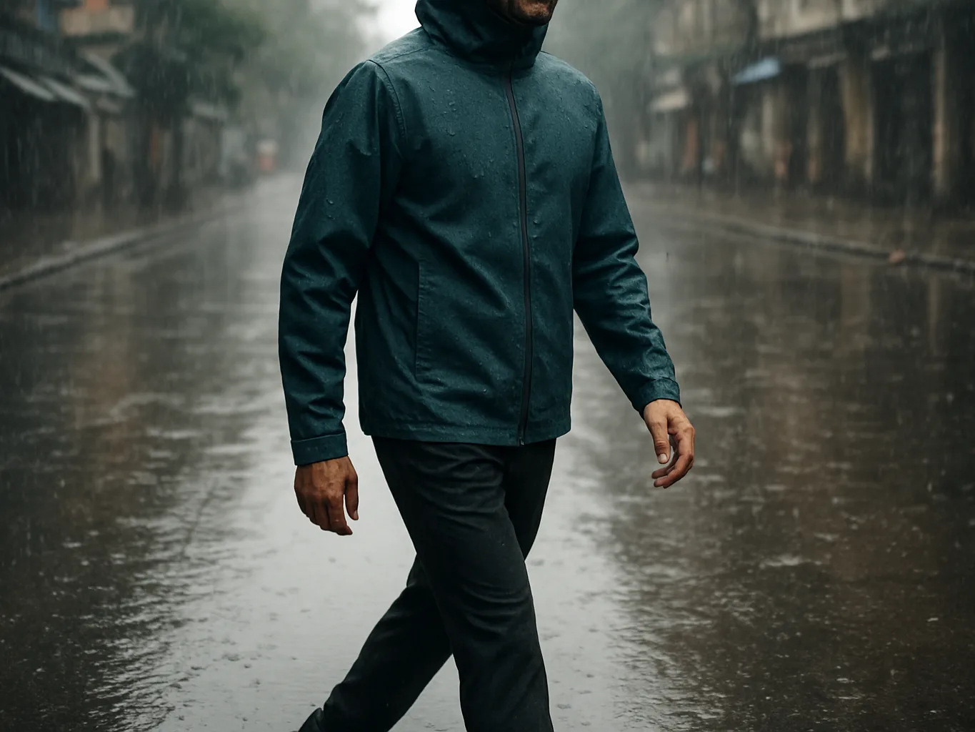 Indian man in a hooded waterproof raincoat walking through monsoon rain