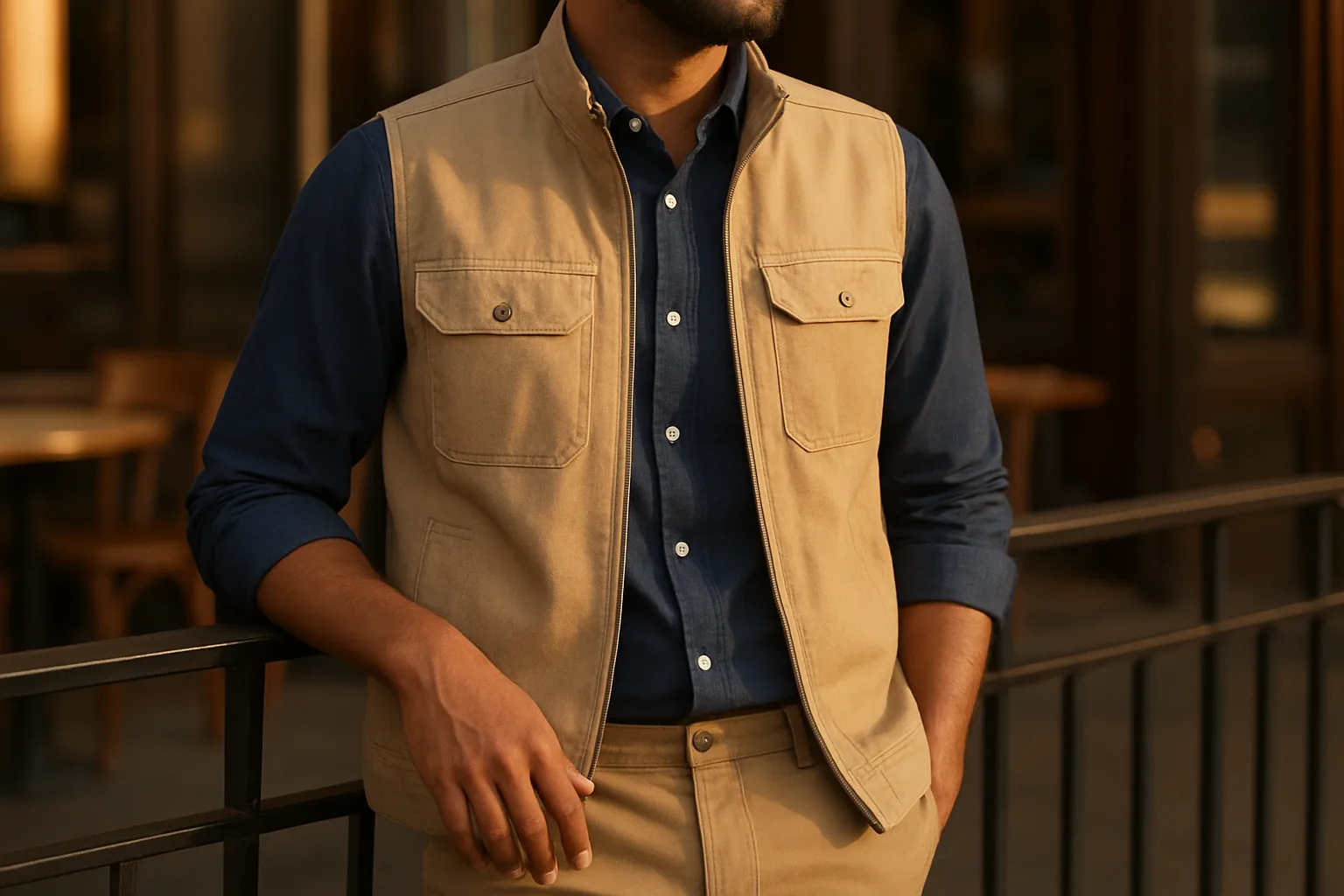 Man in a beige cotton utility vest with chest pockets layered over a navy shirt