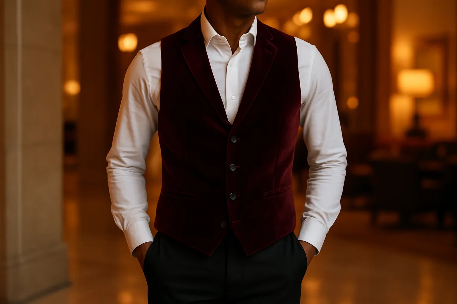 Man in a maroon velvet waistcoat over a white shirt as sleeveless party wear