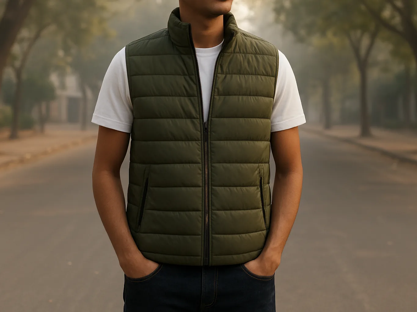 Indian man wearing an olive quilted sleeveless jacket over a white tee on a winter morning