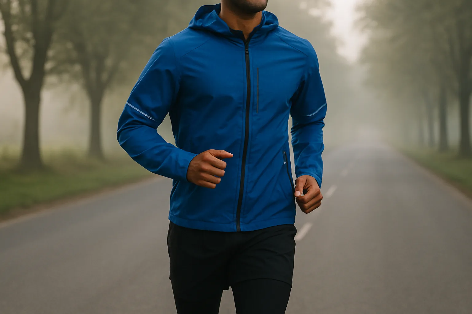 Runner in a lightweight blue running jacket with reflective trims on an early morning road
