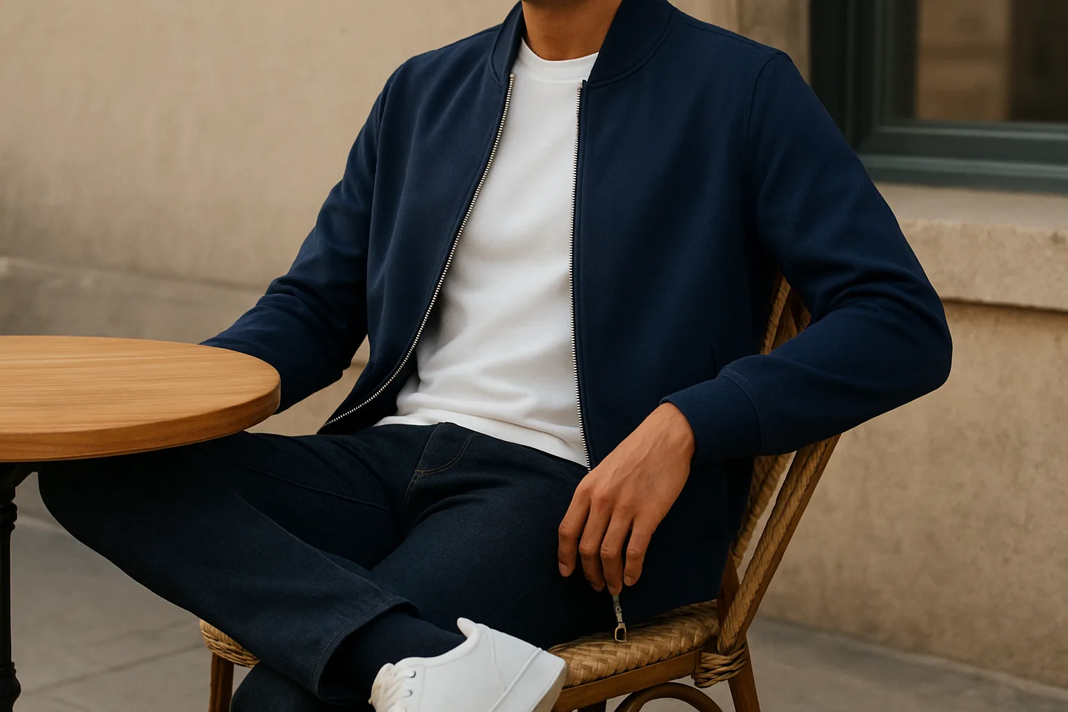 Navy track jacket styled casually with dark jeans and white sneakers