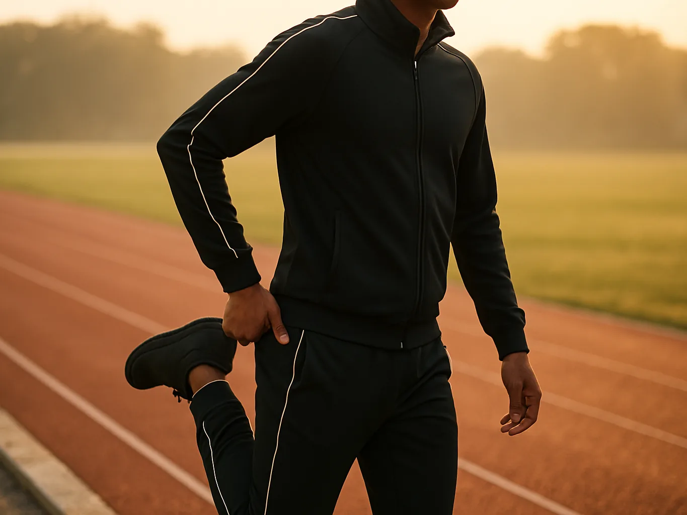 Indian man in a black track jacket and track pants warming up at a stadium